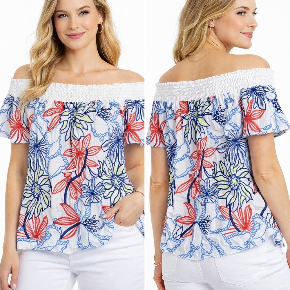Skies‎ Are Blue Top Floral Embroidered Off The Shoulder Boho White Medium
